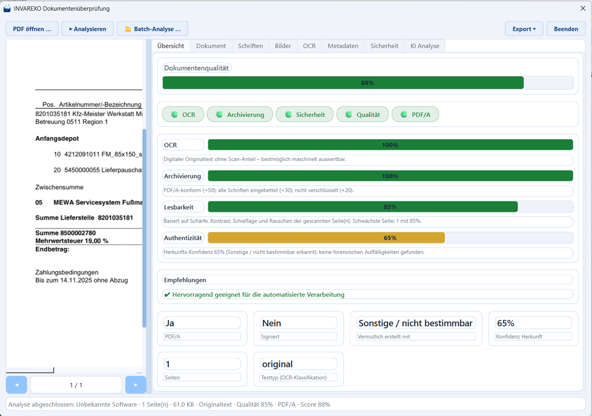 Invarexo Dokumentenüberpruefung – Score, Ampel und Empfehlungen für ein PDF-Dokument