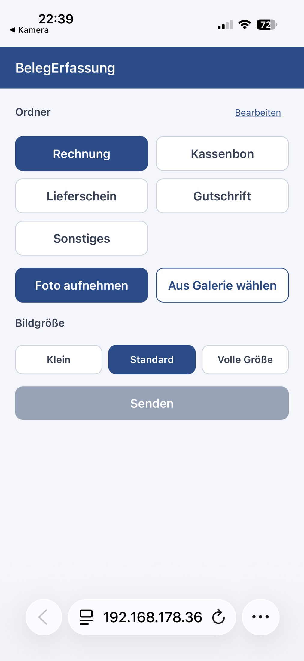 Browserbasierte mobile Oberfläche von Invarexo Mobile Capture